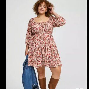 Torrid Mini 3/4 Sleeve Tie Front Babydoll Dress Paisley Dream Chateau Grey NWT